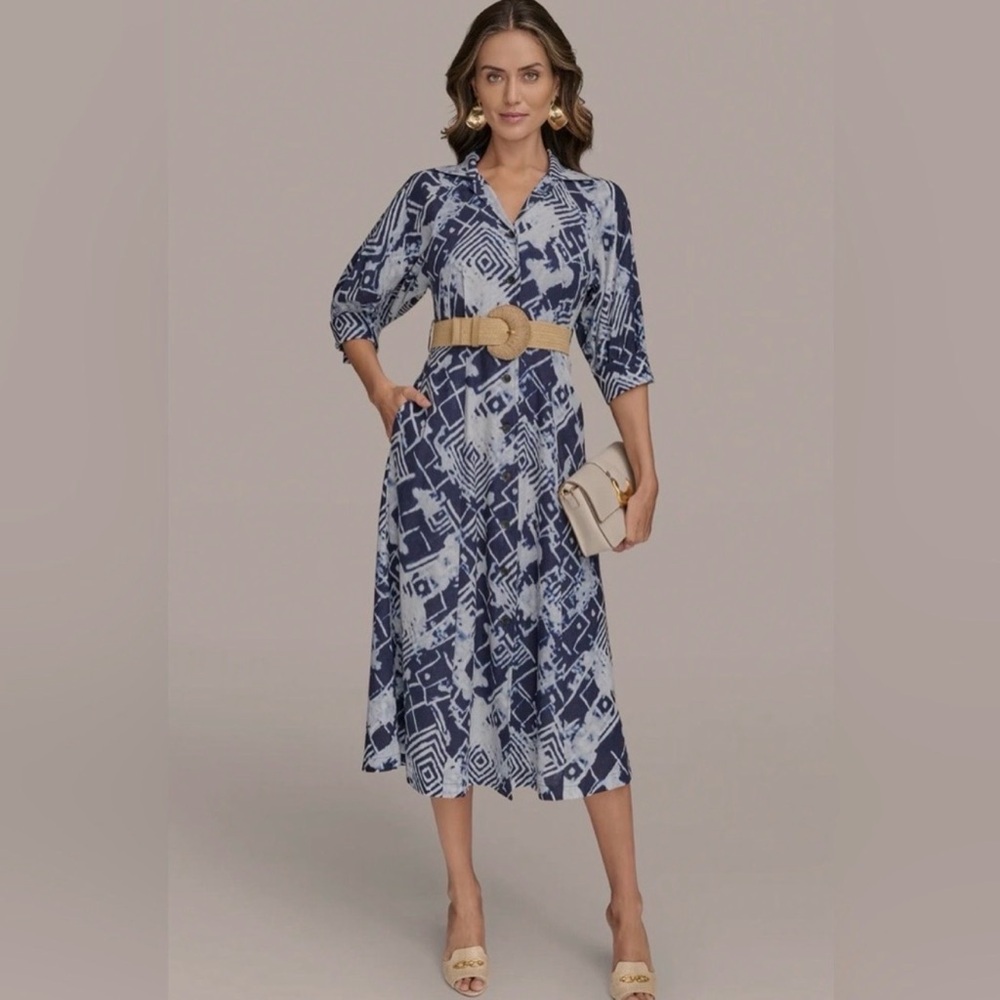 Donna Karan Navy and White Geometric Dress with Tan Belt - Picture 1 of 6